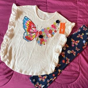 Butterfly Print Kids Matching Set Capri Pants & Cute Ruffle Sleeve Top Size 7